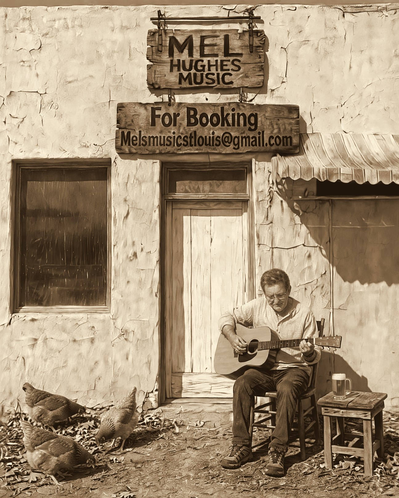 Portrait of Mel Hughes sitting in a chair by the door of a weathered storefront, playing his acoustic guitar beneath wooden MEL HUGHES MUSIC and For Booking signs, with a mug of beer on a small table beside him and chickens pecking under the window
